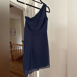 Classic one shoulder knee length bridesmaids dress in navy